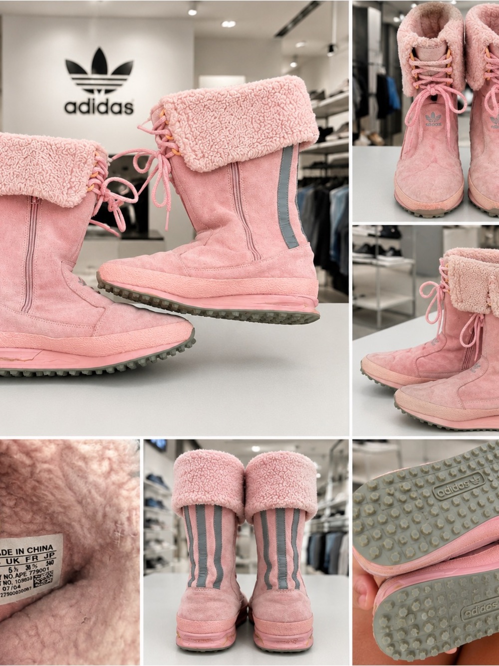 adidas Pink Suede Shearling Cuff Lace-Up Boots